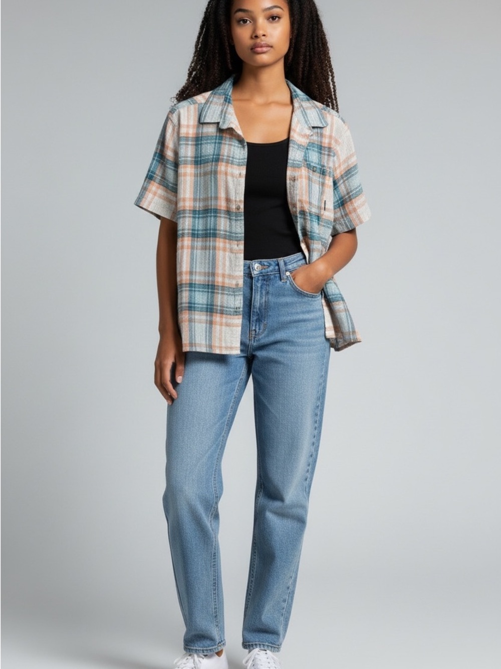 Eddie Bauer Short-Sleeve Plaid Shirt in Teal & Orange